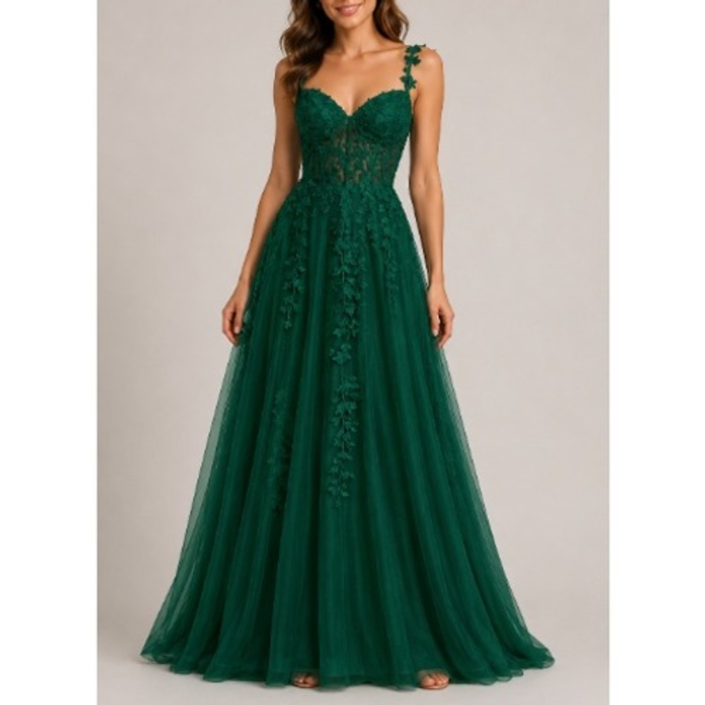 Stacees Women's Dark Green A-line V Neck Sweep Train Tulle Prom Dress NWT Size 8